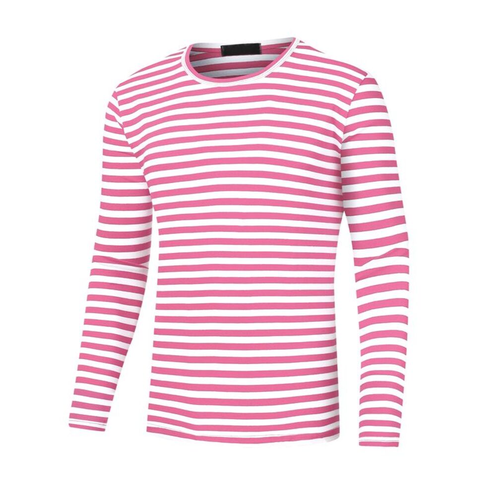 Striped T-Shirt Casual Crew Neck Long Sleeves Basic Tee Tops Pink White